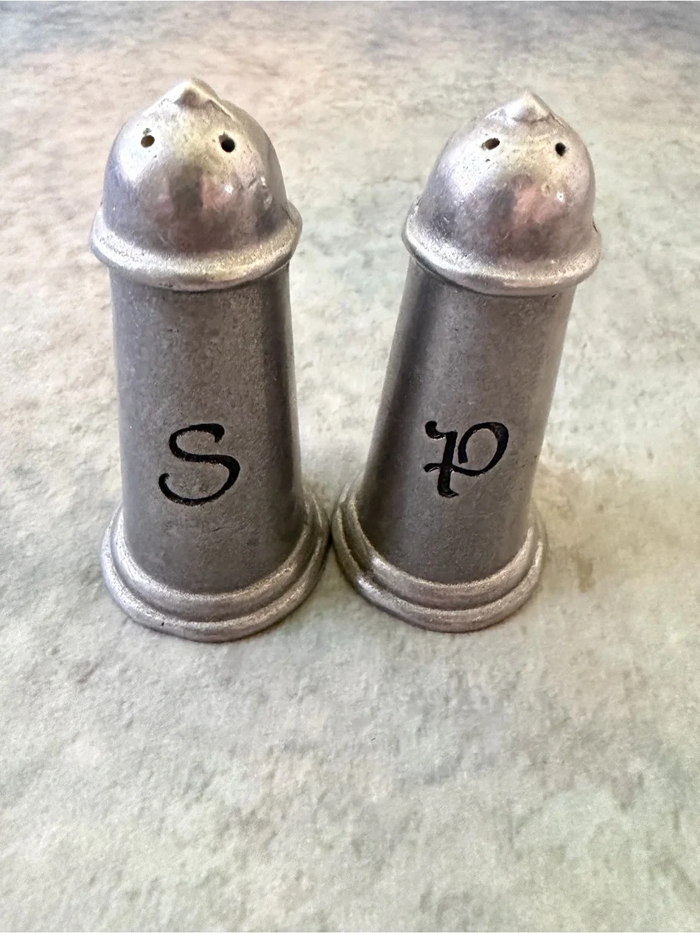 Vintage Pewter Salt and Pepper Shakers - Monogram S & P